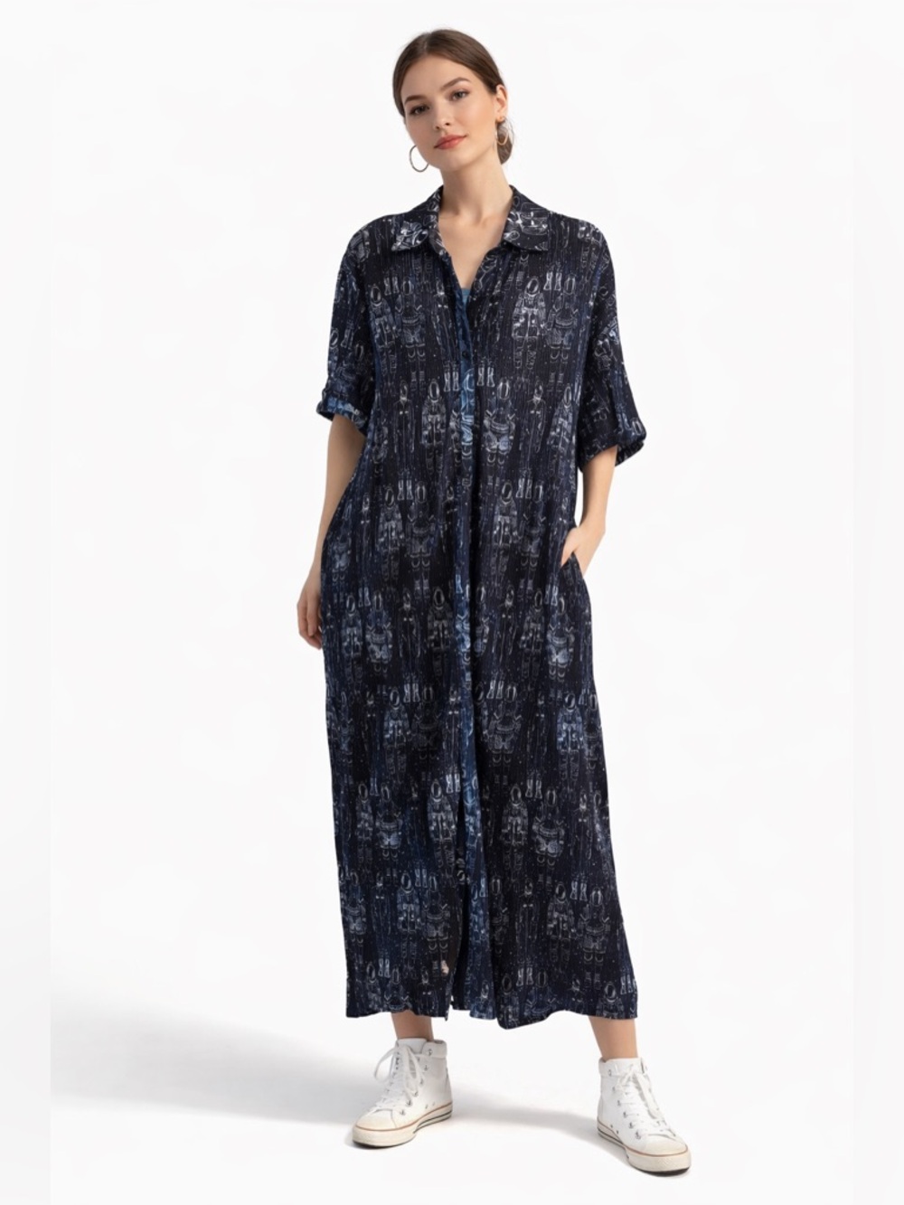 NWT Dressed in Lala Astronaut Plissé Shirt Oversized Artsy Button Dress XS